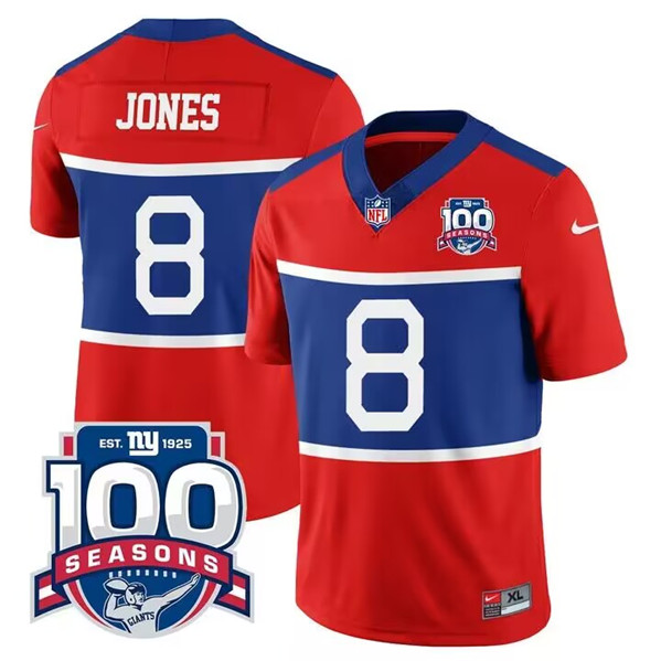 Men's New York Giants #8 Daniel Jones Century Red 100TH Season Commemorative Patch Limited Stitched Football Jersey